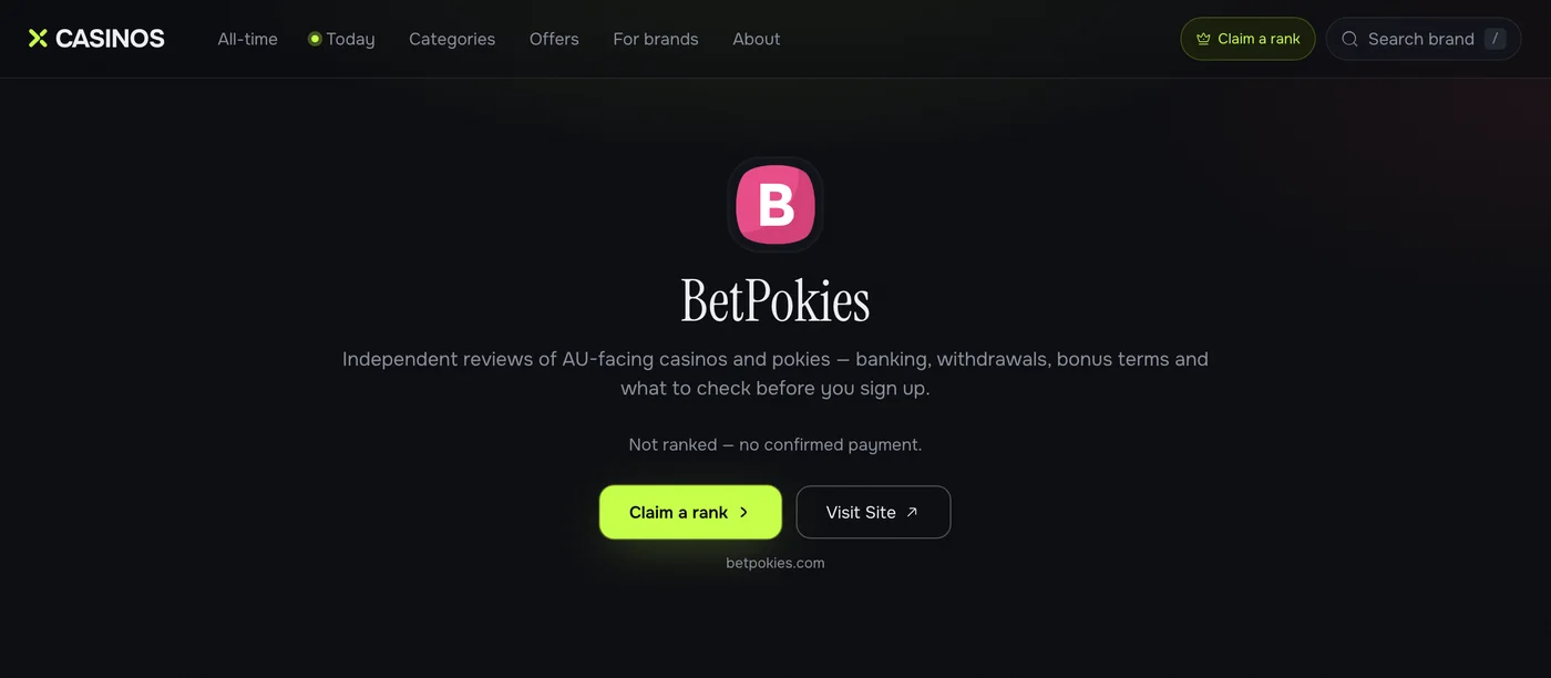 BetPokies brand page with the Claim a rank and Visit Site buttons