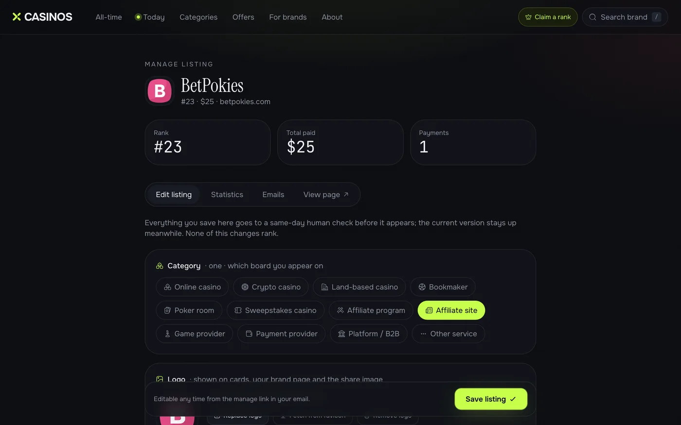The manage editor: category, logo, description, offers